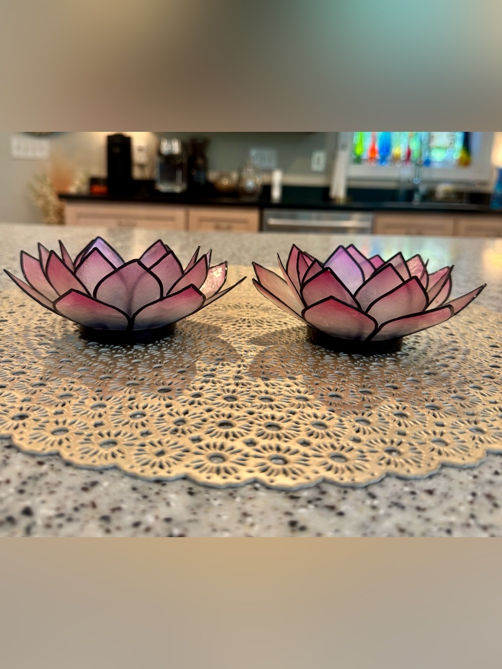 🪷Vintage Pink Capiz Shell Lotus Flower Tealight Candle Holders Set of 2